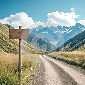 Wooden signpost on a mountain trail with blue sky and clouds