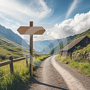 Wooden signpost on a mountain trail with blue sky and clouds
