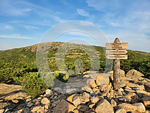 Wooden signpost perched atop a pile of rocks. Dorr Ridge, Acadia National Park, Maine, USA.