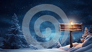 A wooden signpost with a snow and starry night sky background