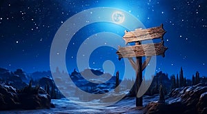 A wooden signpost with a starry night sky background