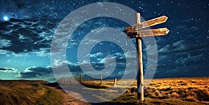 A wooden signpost with a starry night sky background