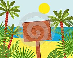 Wooden signs on a beautiful tropical beach. Illustration of a signboard in the seashore