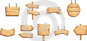 Wooden signs, boards and signs in different shapes, arrows.