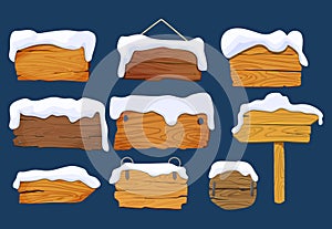 Wooden signs boards with snow. Set different Wooden signs boards shapes, vector elements. Vector illustration isolated