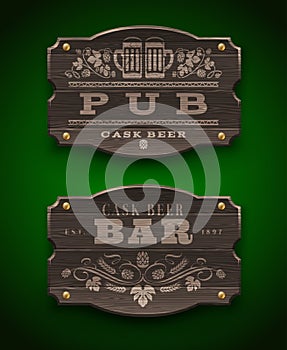 Wooden signs for Pub and Bar