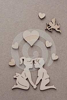 Wooden Silhouettes Of Men And Women, Hearts, Amur