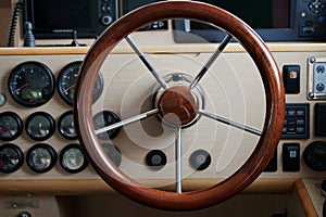 Wooden simple steering wheel of a river, sea boat on the background of the vessel dashboard close-up, smooth, glossy surface,
