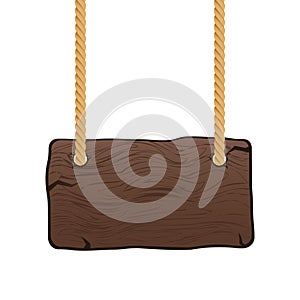 Wooden singboard on rope. Blank cartoon wood sign hanging on ropes. Vector.