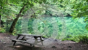 Wooden sitting bench by a lake surrounded by forest in Yedigoller National Park Turkey