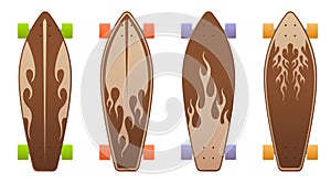 Wooden skate boards with flame design collection.