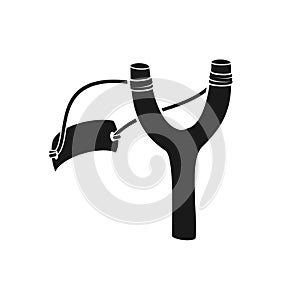 Wooden slingshot icon isolated on a white background. Homemade slingshot wooden handle with rubber bands. Wooden