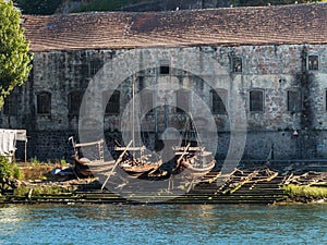 Wooden Slipway and Rabelo Boats on the Bank of the River Douro -