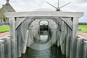 Wooden sluice along river Rotte, Netherlands