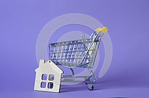 wooden small decorative house in a shopping trolley, light blue background