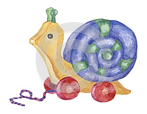 Wooden snail car. Blue retro baby toy. Vintage eco toy watercolor illustration. Play object clipart for party decor