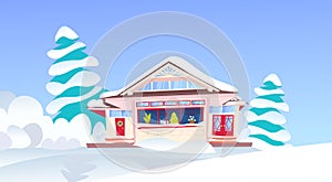 Wooden snow cowered cottage happy new year merry christmas holidays decorations concept snowy fir tree flat