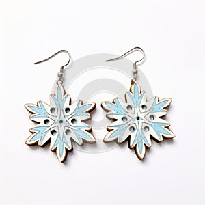 Wooden Snowflake Drop Earrings In Dark White And Sky-blue