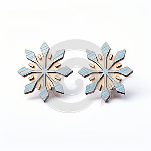 Wooden Snowflake Earrings: Dark Gold And Light Azure, Bold Lines, Dynamic Colors