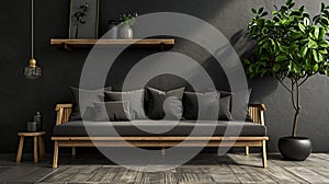 Wooden sofa with dark pillows in scandi style living room. AI Generative