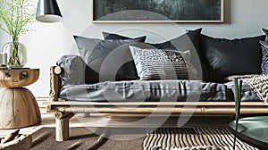 Wooden sofa with dark pillows in scandi style living room. AI Generative