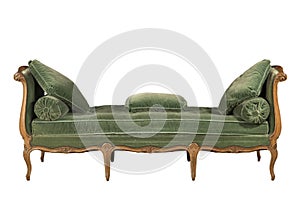 Wooden sofa with green upholstery isolated on white
