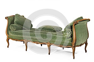 Wooden sofa with green upholstery isolated on white