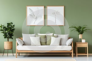 Wooden sofa with white cushions near green wall with art poster frame. Scandinavian interior design