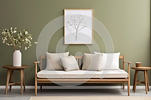 Wooden sofa with white cushions near green wall with art poster frame. Scandinavian interior design