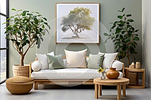 Wooden sofa with white cushions near green wall with art poster frame. Scandinavian interior design of modern stylish living room