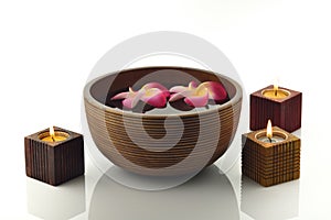 Wooden Spa Bowl With Candles and Flowers