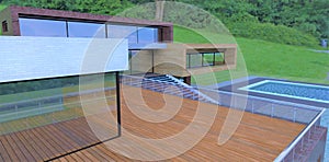 Wooden spacious terrace. Glass and steel railing. Mirrored panoramic windows. Staircase down to the pool. 3d render