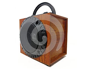 Wooden Speaker With Handle On The White Background