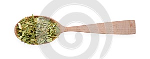 Wooden spoon of aromatic dried lemongrass isolated on white, top view