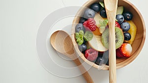 a wooden spoon delicately arranged in a fruit salad, aesthetics to emphasize the simplicity and sustainability of eco