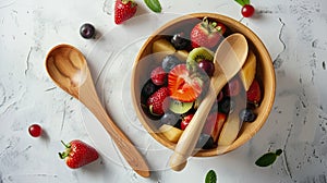 a wooden spoon delicately arranged in a fruit salad, aesthetics to emphasize the simplicity and sustainability of eco