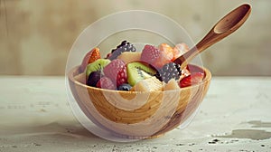 a wooden spoon delicately arranged in a fruit salad, aesthetics to emphasize the simplicity and sustainability of eco