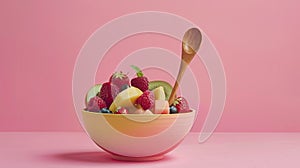 a wooden spoon delicately arranged in a fruit salad, aesthetics to emphasize the simplicity and sustainability of eco