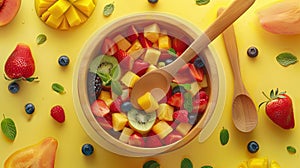 a wooden spoon delicately arranged in a fruit salad, aesthetics to emphasize the simplicity and sustainability of eco