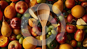 a wooden spoon delicately arranged in a fruit salad, aesthetics to emphasize the simplicity and sustainability of eco