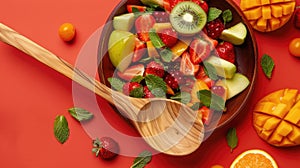a wooden spoon delicately arranged in a fruit salad, aesthetics to emphasize the simplicity and sustainability of eco