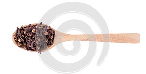 Wooden spoon with dried cloves isolated on white background