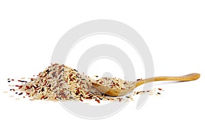 Wooden spoon with dried rice grains of different breeds