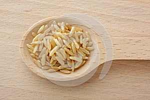 Wooden spoon filled with brown rice grains