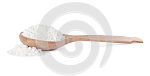 Wooden spoon with flour on white background