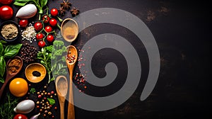Wooden spoon and food ingredients on dark background generative AI