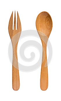 Wooden spoon and fork isolated on white background.