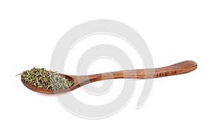 Wooden spoon full of dried thyme isolated on white background.