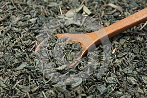 Wooden spoon gaining green tea