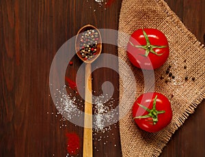 Wooden spoon and ingredients on a dark background. The concept of spicy food or culinary ketchup, top view, empty space for textn photo